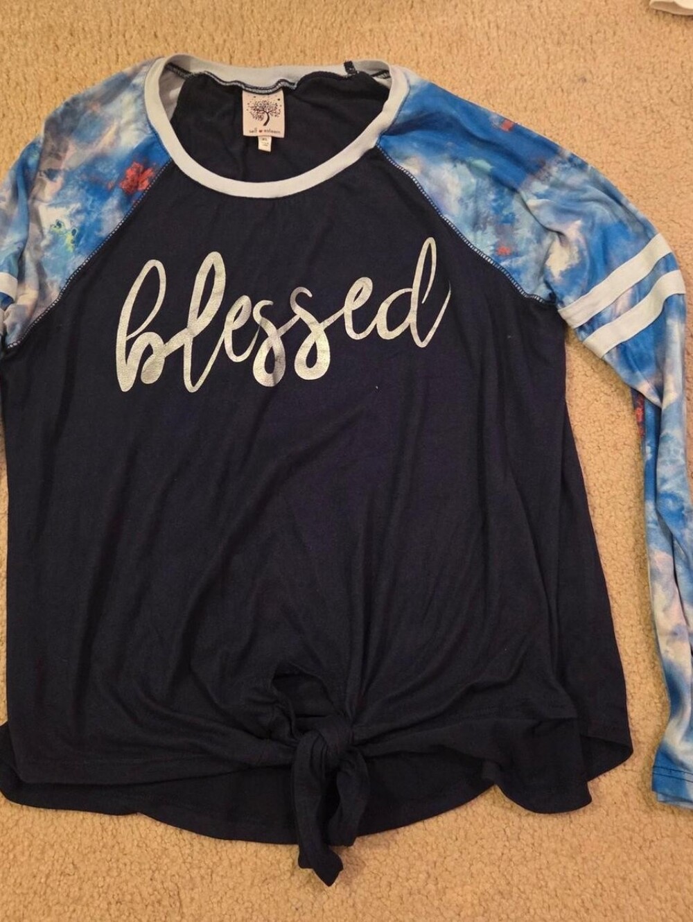 Self Esteem Navy Long Sleeve Top with Blue Tie-Dye Sleeves